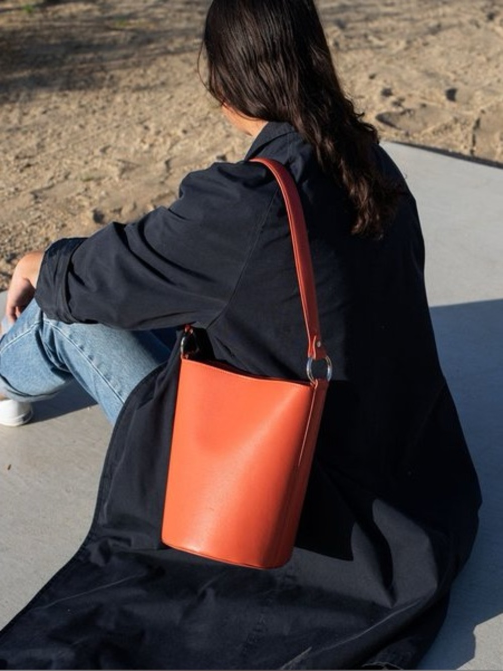 HYER Goods Orange Leather Bucket Bag - Minimal Shoulder Tote medium